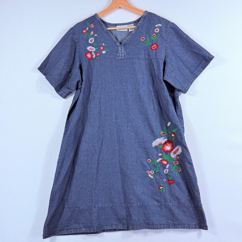 Country Store Denim Dress Womens Large Blue Floral Grandmacore Cottagecore Boho